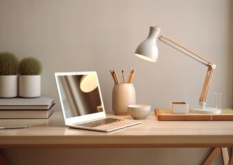 Wooden modern minimalist desk setup with laptop and lamp.Macro.AI Generative