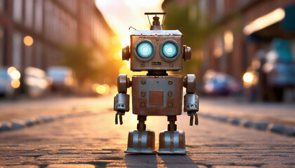little cute robot smiling at sunset - obrazy, fototapety, plakaty
