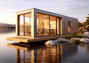Evening lake with modern tiny house with modern design and furniture.AI Generative - obrazy, fototapety, plakaty