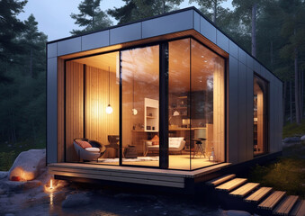 Tiny minimalist home with modern interior design and furniture.AI Generative