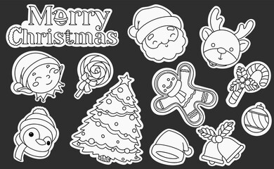 Christmas Hand Drawn Black and White Stickers Set