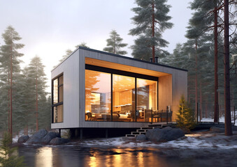 Minimalist wooden tiny home with modern interior design and furniture.AI Generative