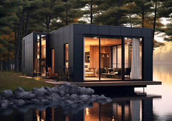 Modern interior design tiny house in blackwood next to lake on summer evening.AI Generative - obrazy, fototapety, plakaty