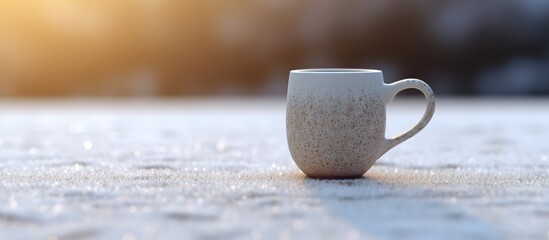 Cup of coffee in the snow. Winter background with snowflakes - obrazy, fototapety, plakaty