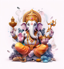 Ganesha with four arms, religious traditional god elephant white color in cartoon character isolated on white background - obrazy, fototapety, plakaty