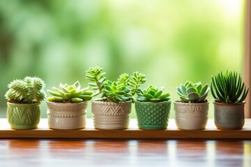 a row of succulents on a gleaming wooden table