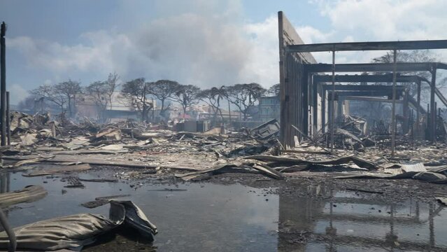 Fire destruction on Front Street, Lahaina, Maui, Hawaii.  Devastation the morning after the fires that burned down the whole town. Video taken on August 9, 2023.