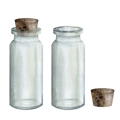 Set of glass jar, vase with wooden stopper, lid. Watercolor hand drawn clipart isolated on white background. set of beakers for biological and medical experiments. handmade illustration. Clipart