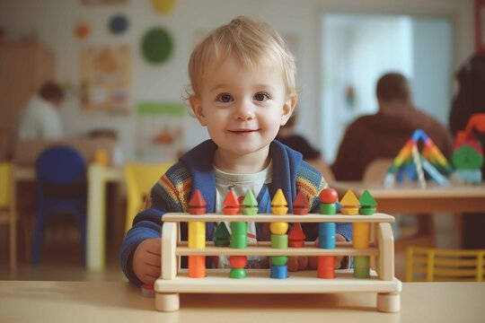 A cute baby 2 - 3 years of age with montessori toys, super detail,stock photo, taken by canon camera