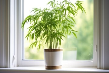 pot of bamboo on a bare, white window sill
