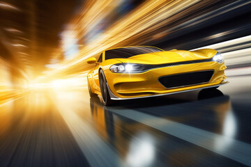 yellow car at high speed along the highway obscures the speed of movement 3d rendering AI generative   - obrazy, fototapety, plakaty