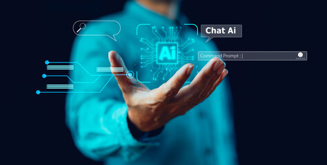 Virtual graphic Global Internet Chat with AI cpu for generates. Ai tech, Artificial Intelligence Futuristic technology transformation. Businessman connect Command prompt. Digital computer concept - obrazy, fototapety, plakaty