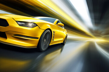 yellow car at high speed along the highway obscures the speed of movement 3d rendering AI...