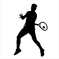 Fototapeta na wymiar Silhouette of a male tennis player in action pose. Silhouette of a man playing tennis sport with racket.