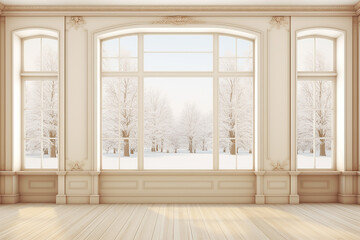 Beige Empty Room Interior Design with Panoramic Windows in Winter