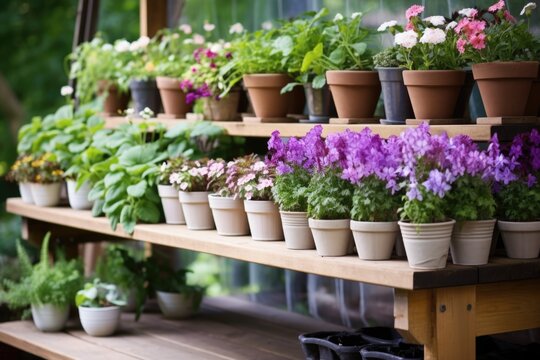 a variety of perennials in containers on a wooden shelf