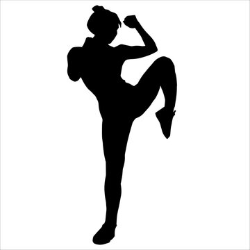 recommend clip art: Silhouette of a woman doing kickboxing martial art. Silhouette of a sporty female muay thai athlete.
