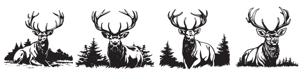 Deer in forest black and white vector, silhouette shapes illustration