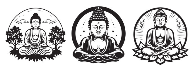Buddha black and white vector, silhouette shapes illustration