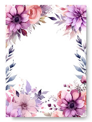 Elegant watercolor purple begonia floral background border and wreath card design. Romantic wedding card invitation theme.