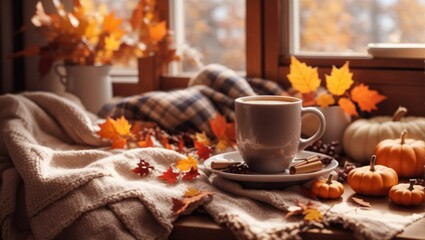 Cozy warm autumn composition with cup of hot coffee, cozy plaid blanket and autumn leaves by a window on sunny day. Autumn home decor. Fall mood. Thanksgiving. Halloween.