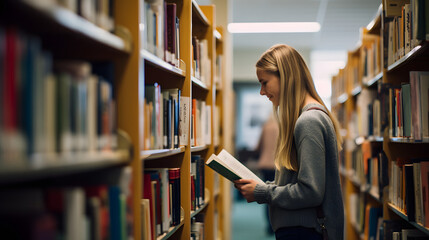 Young college student walking through library rows in search of literature for lecture - Powered by Adobe