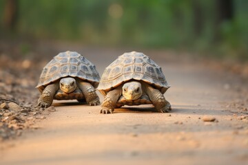 twin tortoises moving in stride