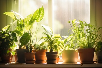 freshly watered indoor plants by a sunny window