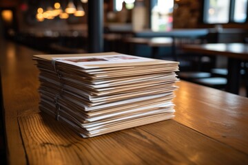 stack of restaurant menus on wooden counter
