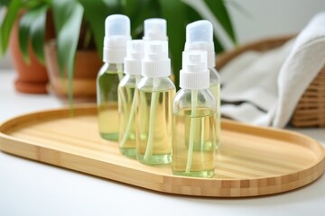 spray bottles of facial toner on a bamboo tray