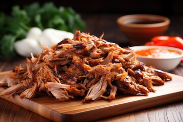 a pile of soft, flavorful, slow-cooked pulled pork on a bamboo board
