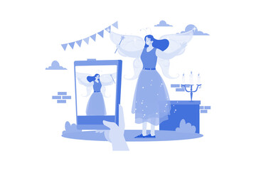 Woman taking a selfie with fairy cosplay on Halloween