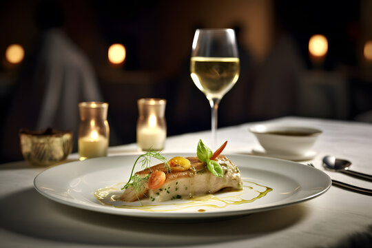 Fine dining chefs exclusive dish with cold white wine on table in restaurant
