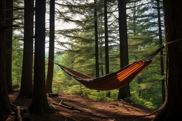 a hammock hung between two trees in forest