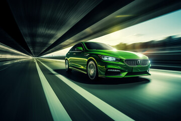 green car at high speed along the highway obscures the speed of movement 3d rendering AI generative...