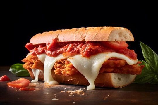 Chicken breaded fillet sandwich sub with parmesan cheese and sauce