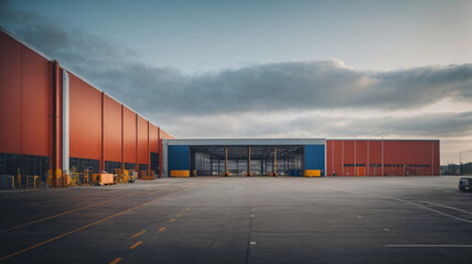 Modern industrial large warehouse  with blue sky and clouds in the background. Industrial concept - obrazy, fototapety, plakaty