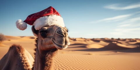 A close-up of a camel with a Santa hat on its head. Sunny day in the desert. Sand dunes in the background. New Year celebration.