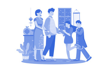 Children receive red envelopes symbolizing good luck from parents.