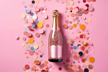 Pink champagne bottle amidst vibrant confetti and sparklers. Celebration, holiday, and party concept. - obrazy, fototapety, plakaty