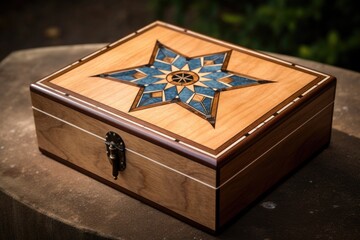 a hand crafted wooden box with detailed inlay and a key