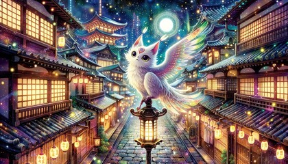 A detailed East Asian township under a starry sky. A whimsical white creature with luminous wings stands atop a lantern, surrounded by rooftops and glowing lanterns. - obrazy, fototapety, plakaty