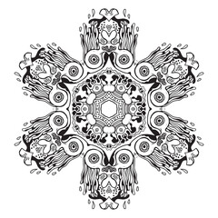 Filigree hand drawn mandala for coloring book, line art ornament, psychedelic illustration, black line art on white background