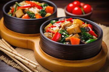 a stir-fried oriental vegan dish, served in bamboo bowls
