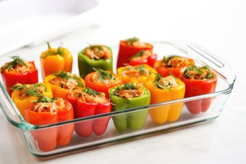 stuffed bell peppers placed in a rectangle glass baking dish