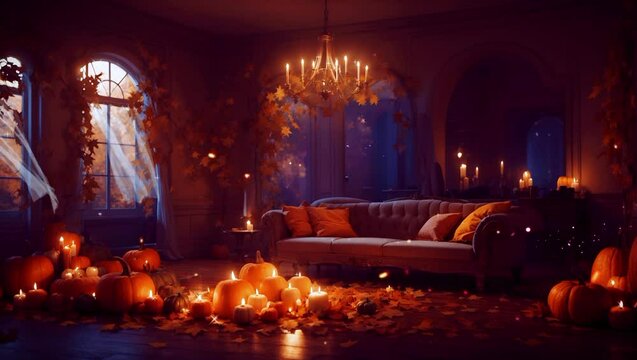 Spooky living room with halloween decoration animation