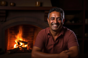 Fototapeta na wymiar Middle-aged Indian man with a broad smile, lighting a fireplace.