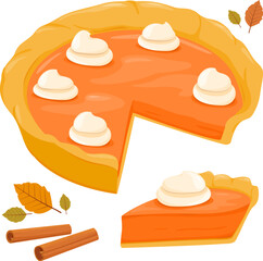 Pumpkin pie and piece of pumpkin pie with whipped cream. Thanksgiving and holiday pumpkin pie. Vector illustration set