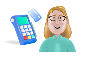 Payment terminal, POS-banking device.
A payment device with an NFC keyboard. A credit card reader. Cartoon character.
Vector 3D illustration.
