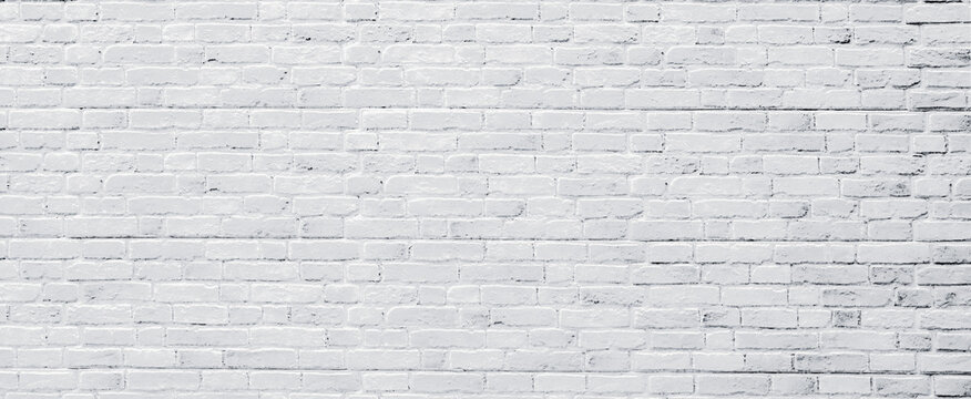 Brick wall and wooden floor, antique old grunge white grey texture wide panorama background.